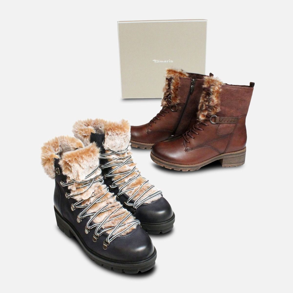Ladies Brown Tamaris Fur Ankle Zip Boots