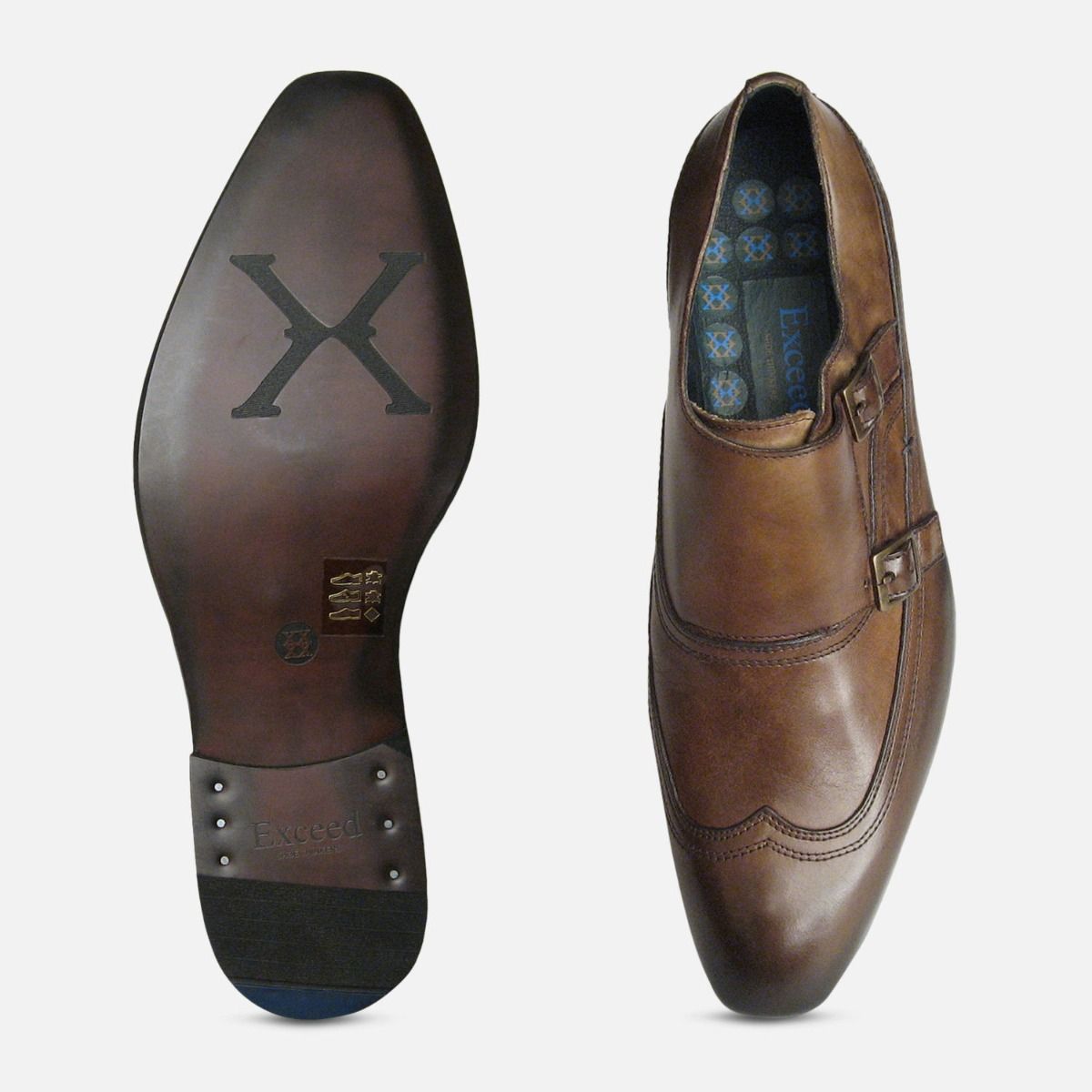 Designer Double Buckle Monk Shoes in Brown by Exceed