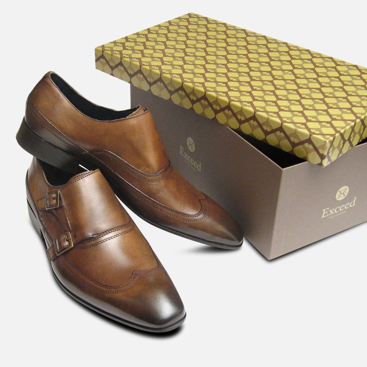 Designer Double Buckle Monk Shoes in Brown by Exceed