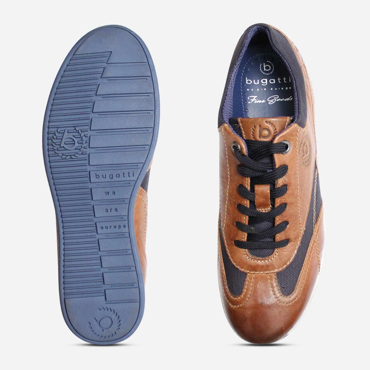 Brown Leather Bugatti Mens Shoes with Navy Mesh