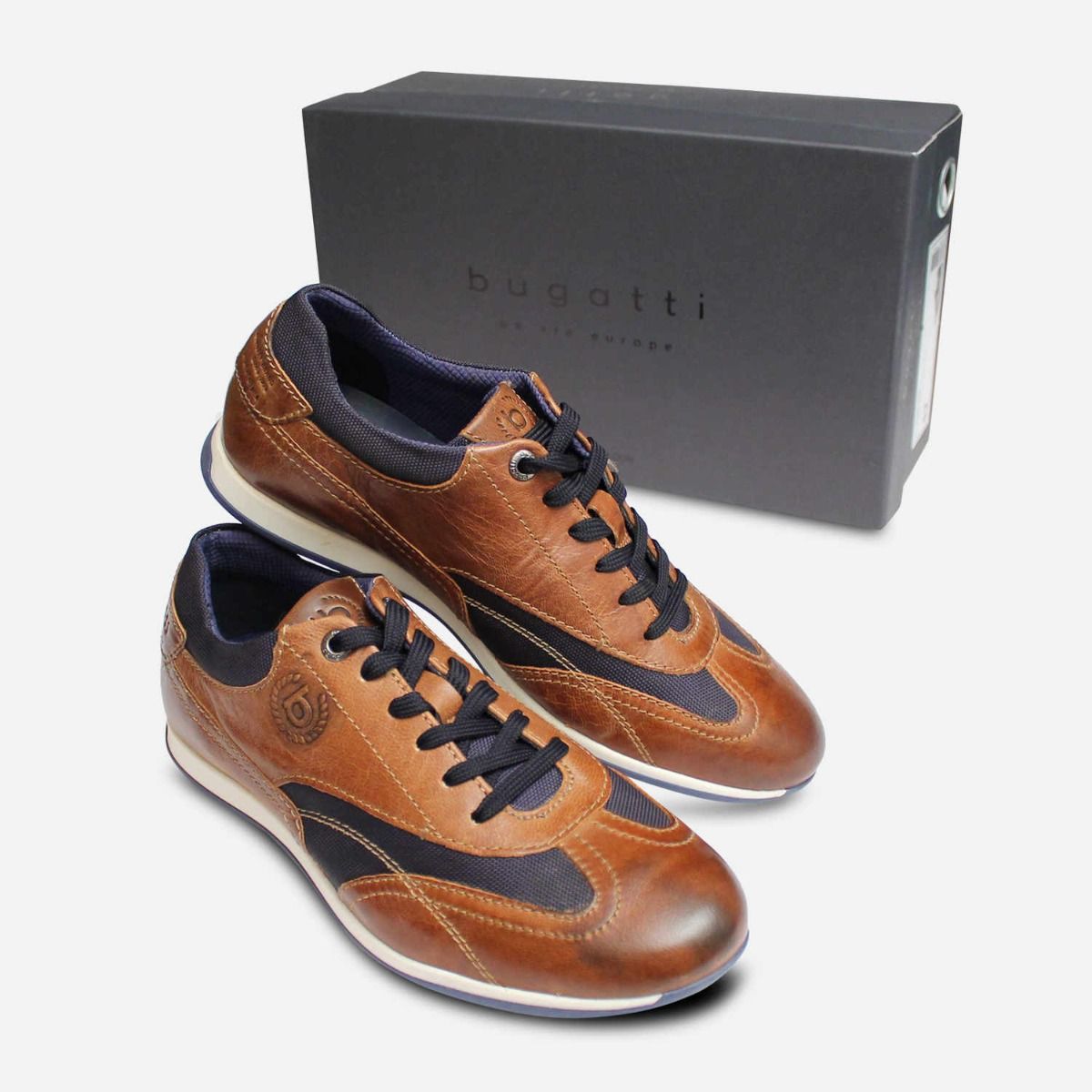 Brown Leather Bugatti Mens Shoes with Navy Mesh