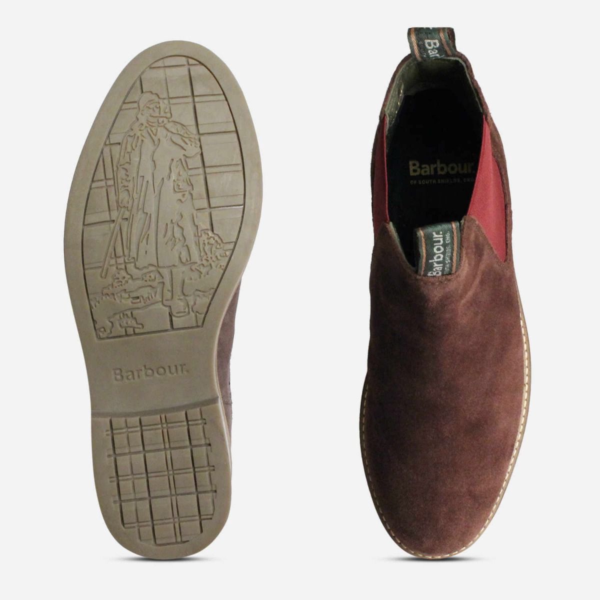 Brown Suede Barbour Farsley Cheslea Boot Red Elastic