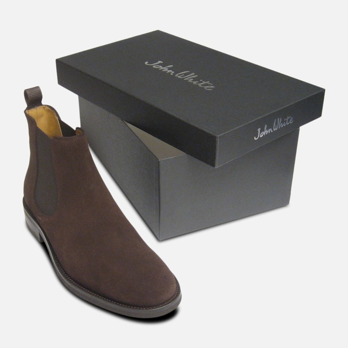 John White Shoes Chelsea R Boots in Brown Suede Leather Rubber Sole