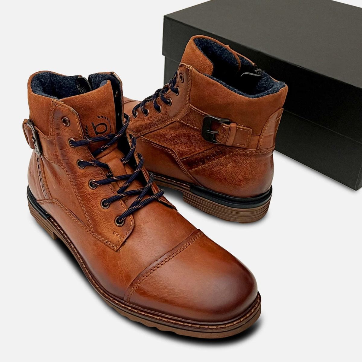 Bugatti Mens Commander Buckle Boots in Tan with Rubber Sole