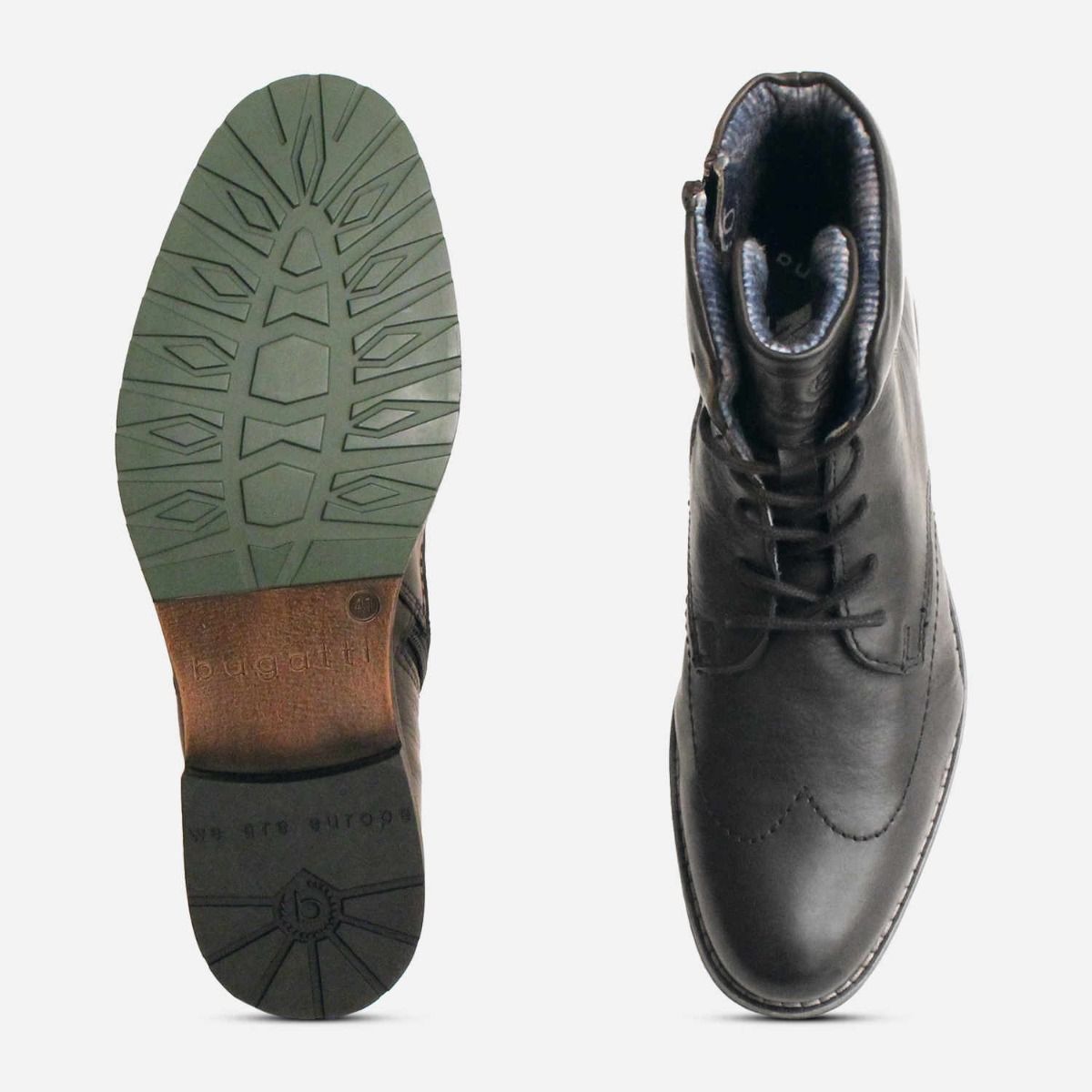 Bugatti Black Wingtip Mens Side Zip Designer Boots