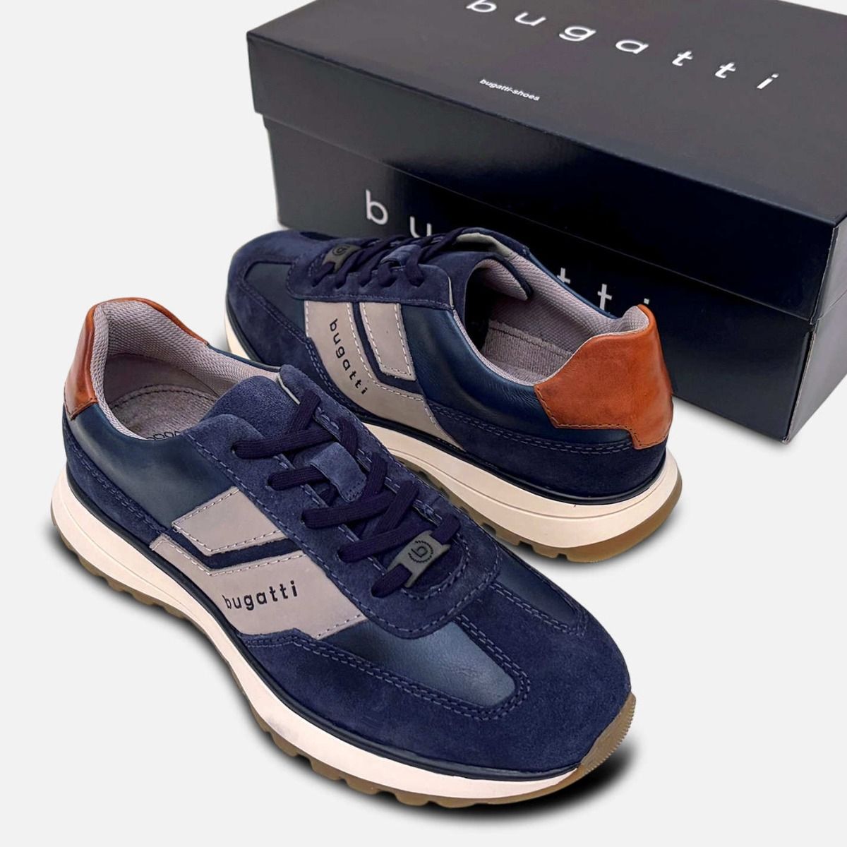 Bugatti Designer Mens Navy Blue Suede Leather Training Shoes