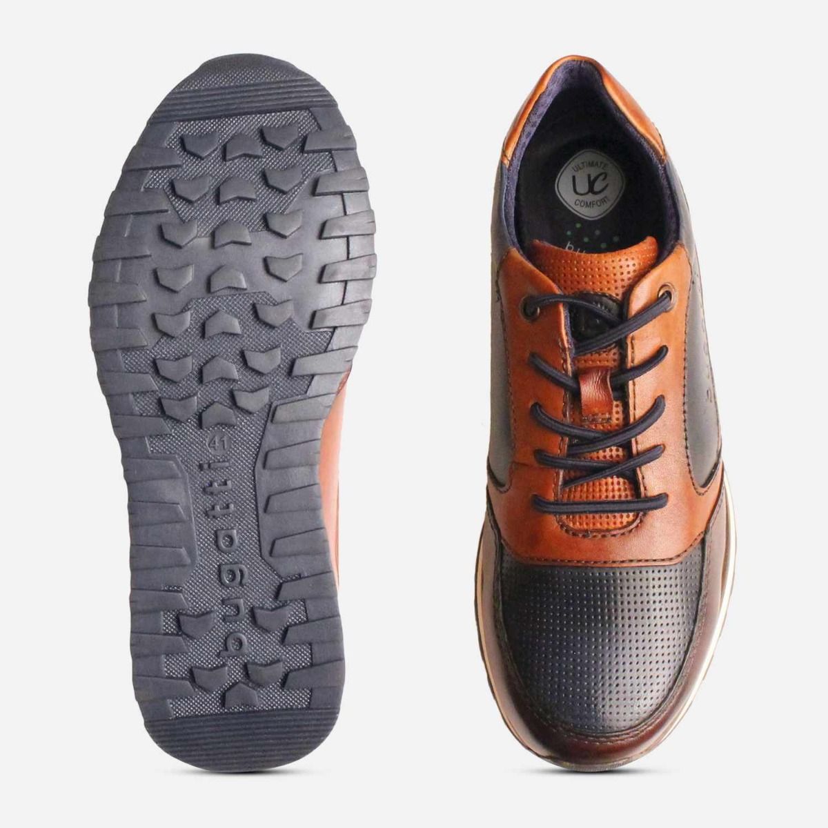 Bugatti Leather Designer Casual Shoe in Brown Navy & Tan