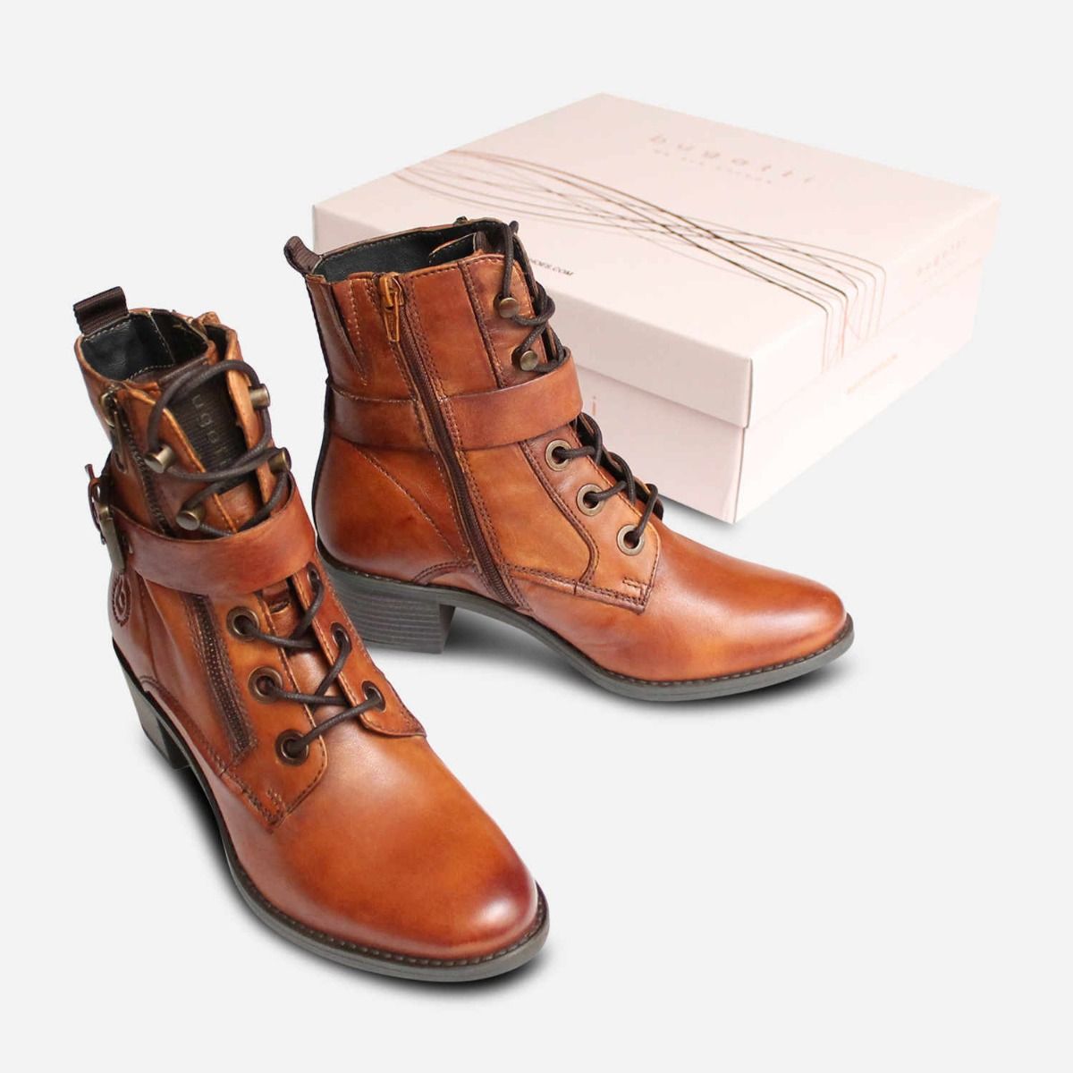Bugatti Designer Antique Cognac Zip Boots with Side Strap
