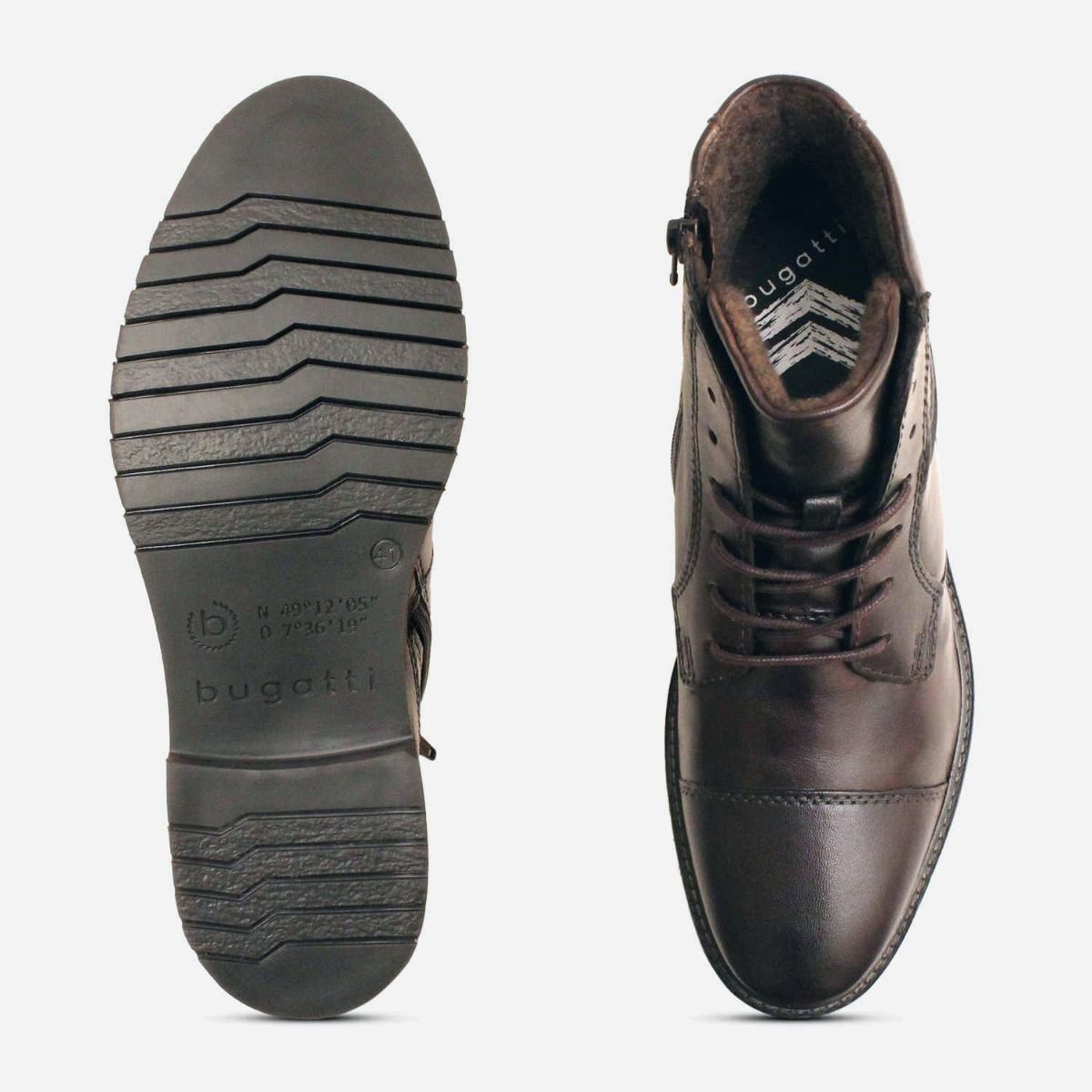 Bugatti Dark Brown Lace Up Zip Boots with Rubber Sole