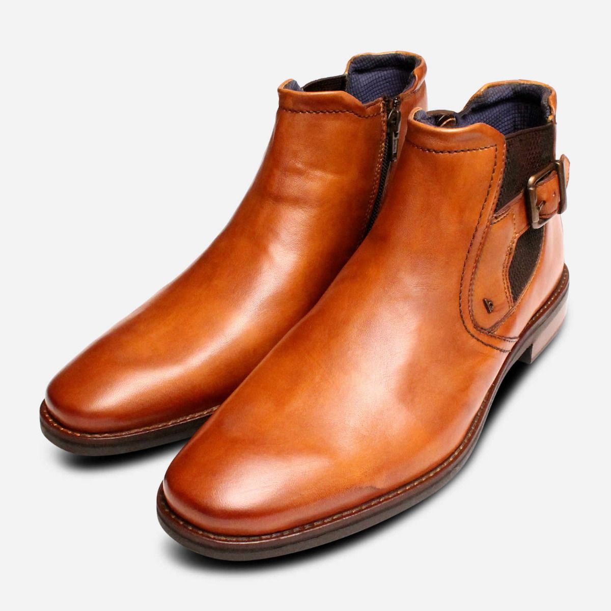 Bugatti Designer Buckle Zip Demi Boots in Light Brown