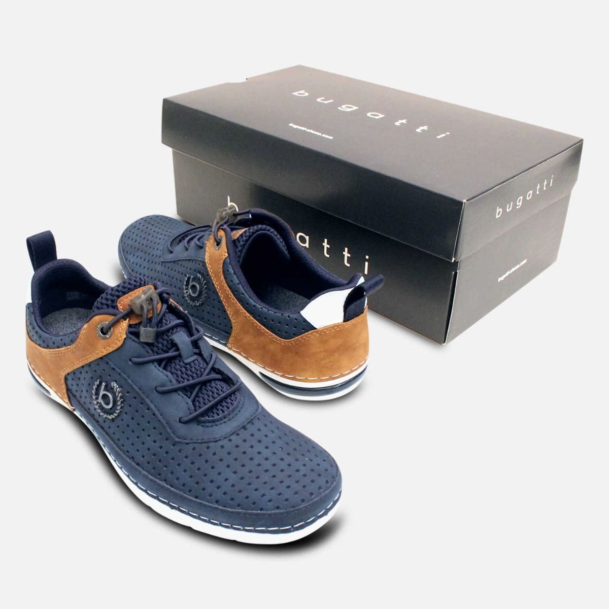 Bugatti Navy Blue Suede Tan Leather Designer Training Shoe