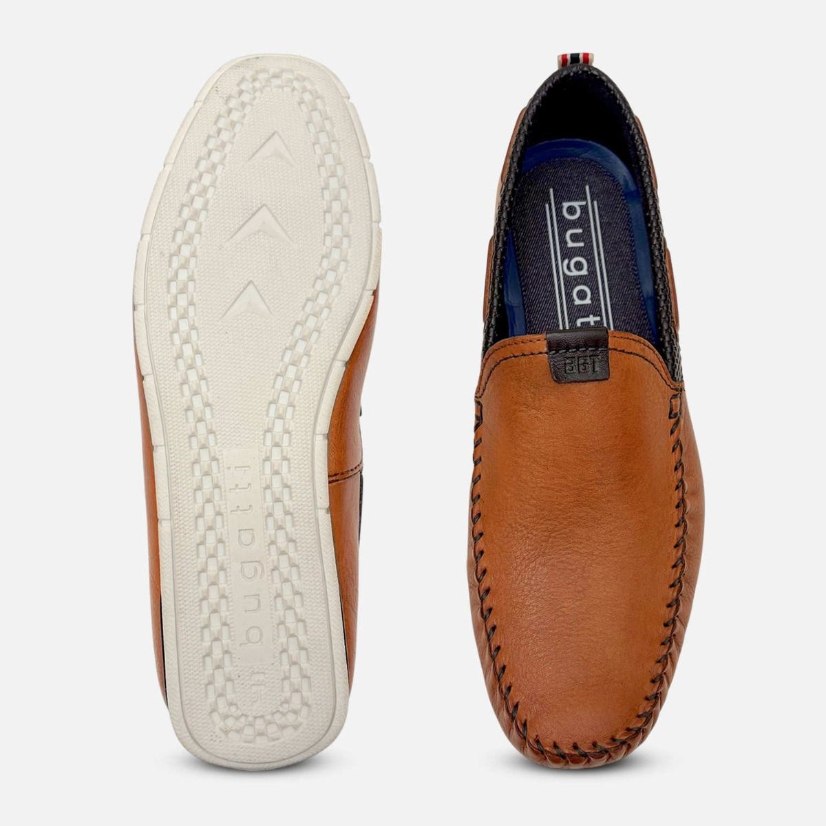 Bugatti Mens Designer Light Brown Leather Slip On Loafer Shoes