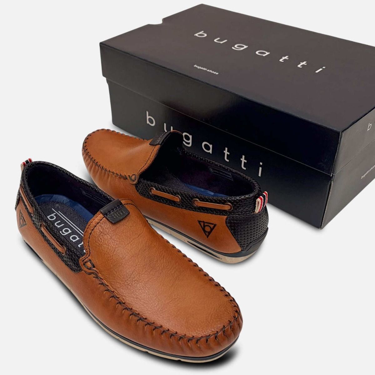 Bugatti Mens Designer Light Brown Leather Slip On Loafer Shoes