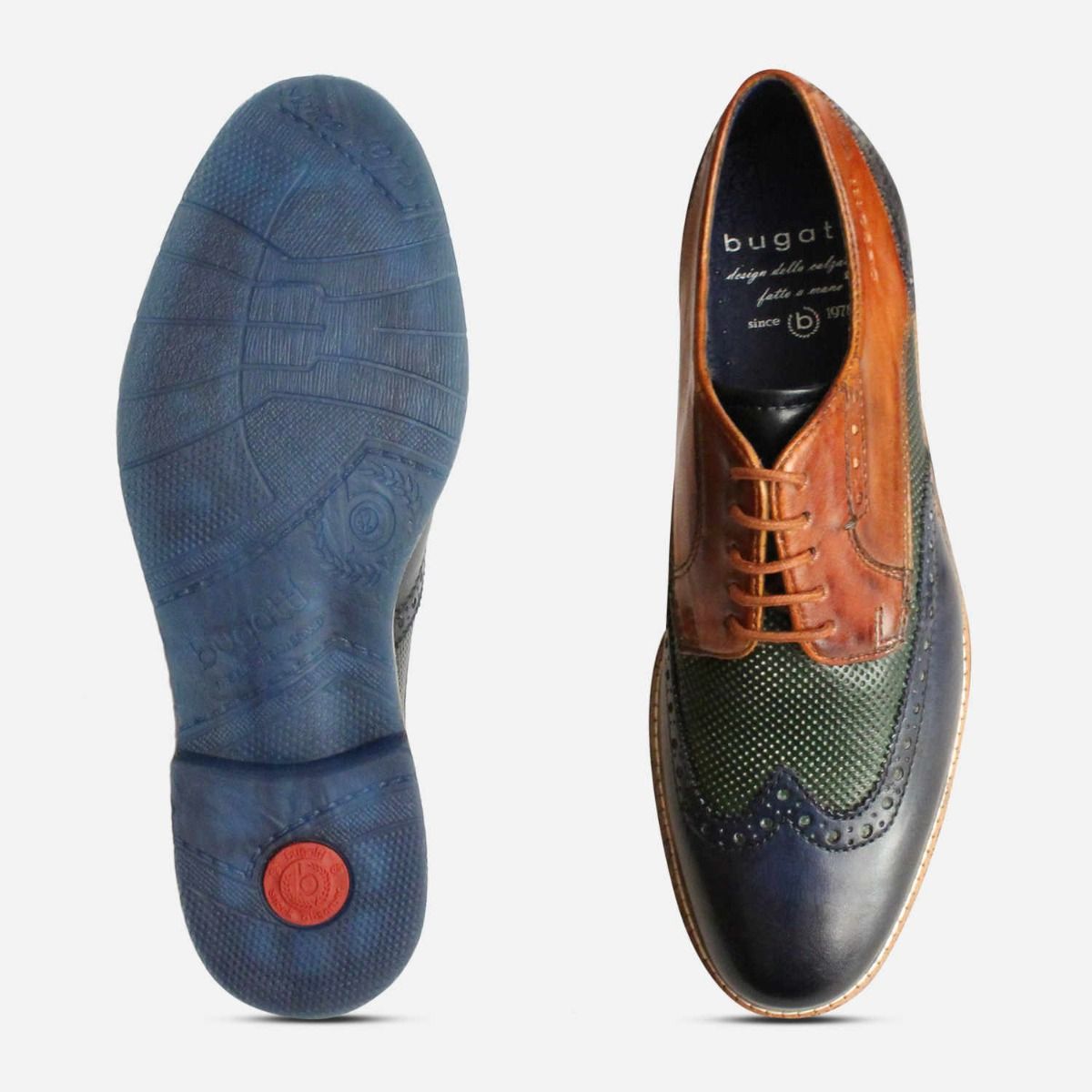 Bugatti Three Colour Tri-tone Shoes in Navy Green & Tan