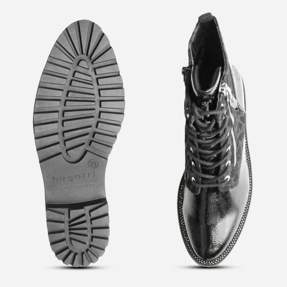 Bugatti Black Patent & Leopard Printed Womens Zip Boots