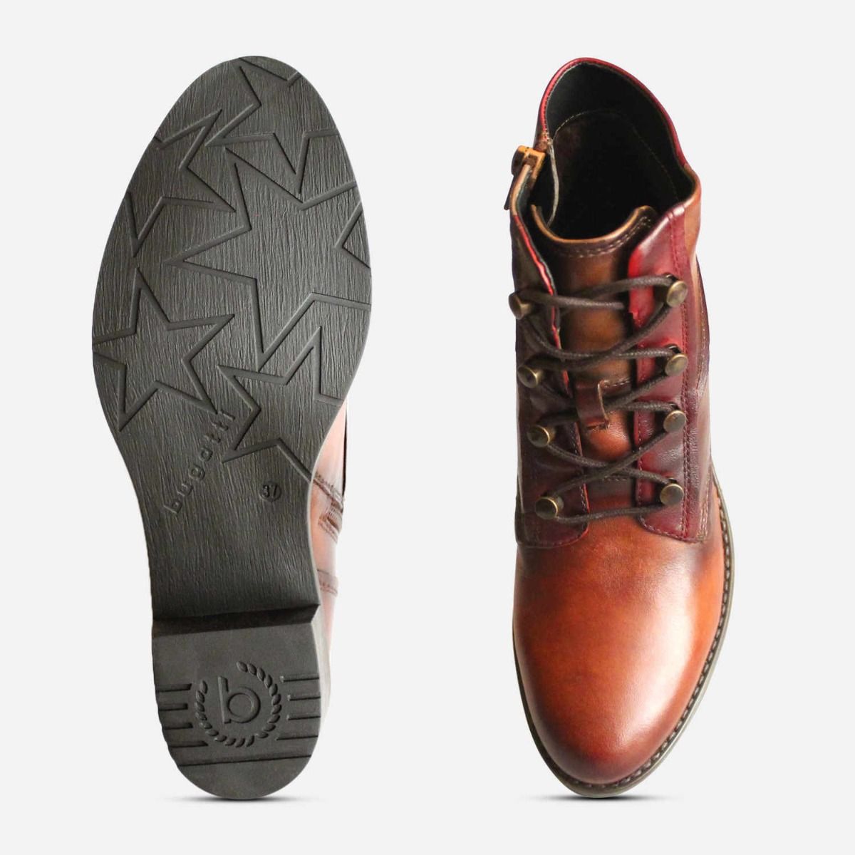 Womens Bugatti Ankle Bootie in Cognac Brown Leather