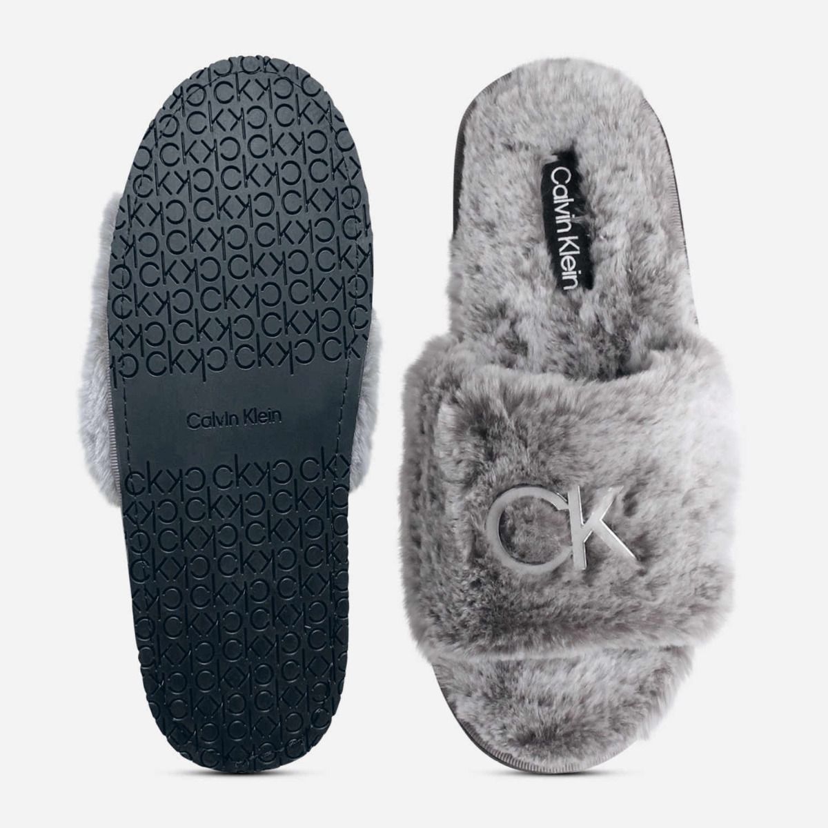 Calvin Klein Womens Grey Fur Indoor Slider Slippers