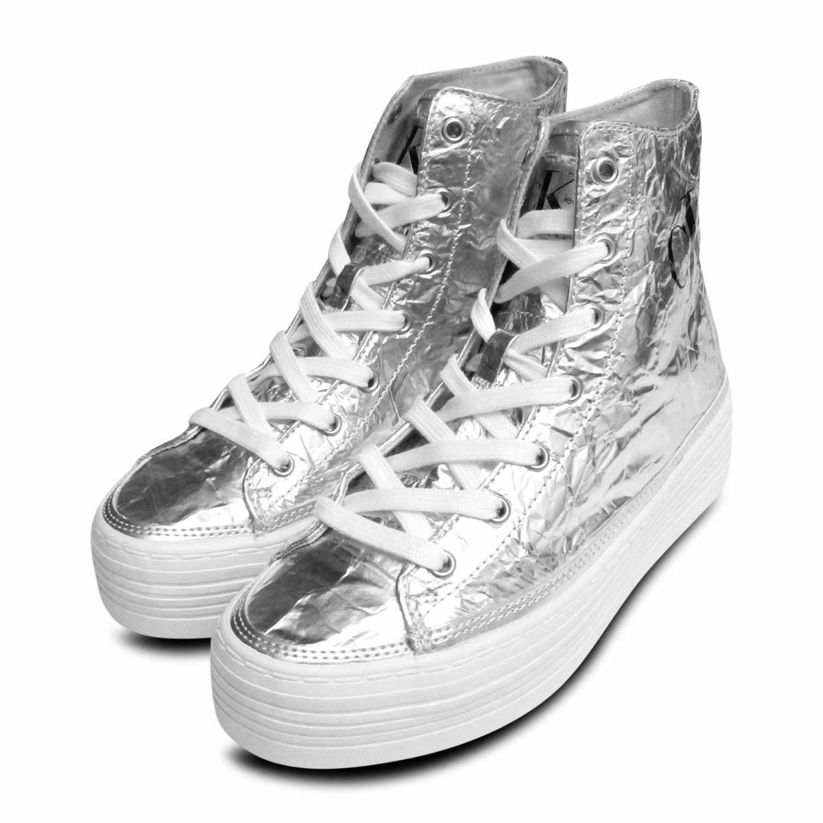 Calvin Klein Zabrina Crinkle Metallic Silver Flatform Boots
