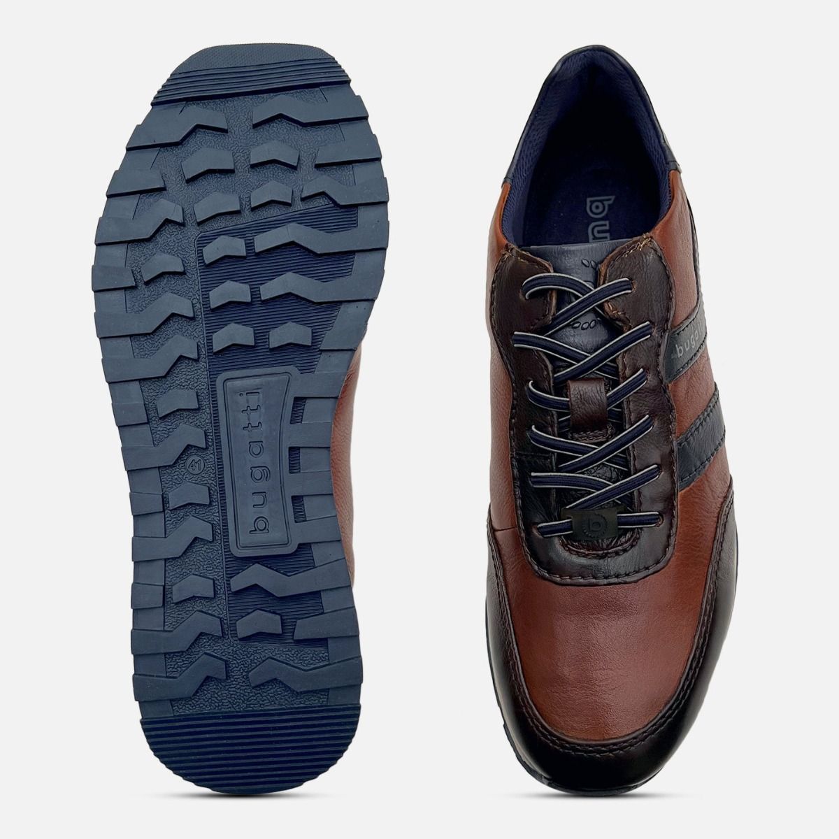 Bugatti Brown Leather Designer Training Shoes Blue Rubber Sole