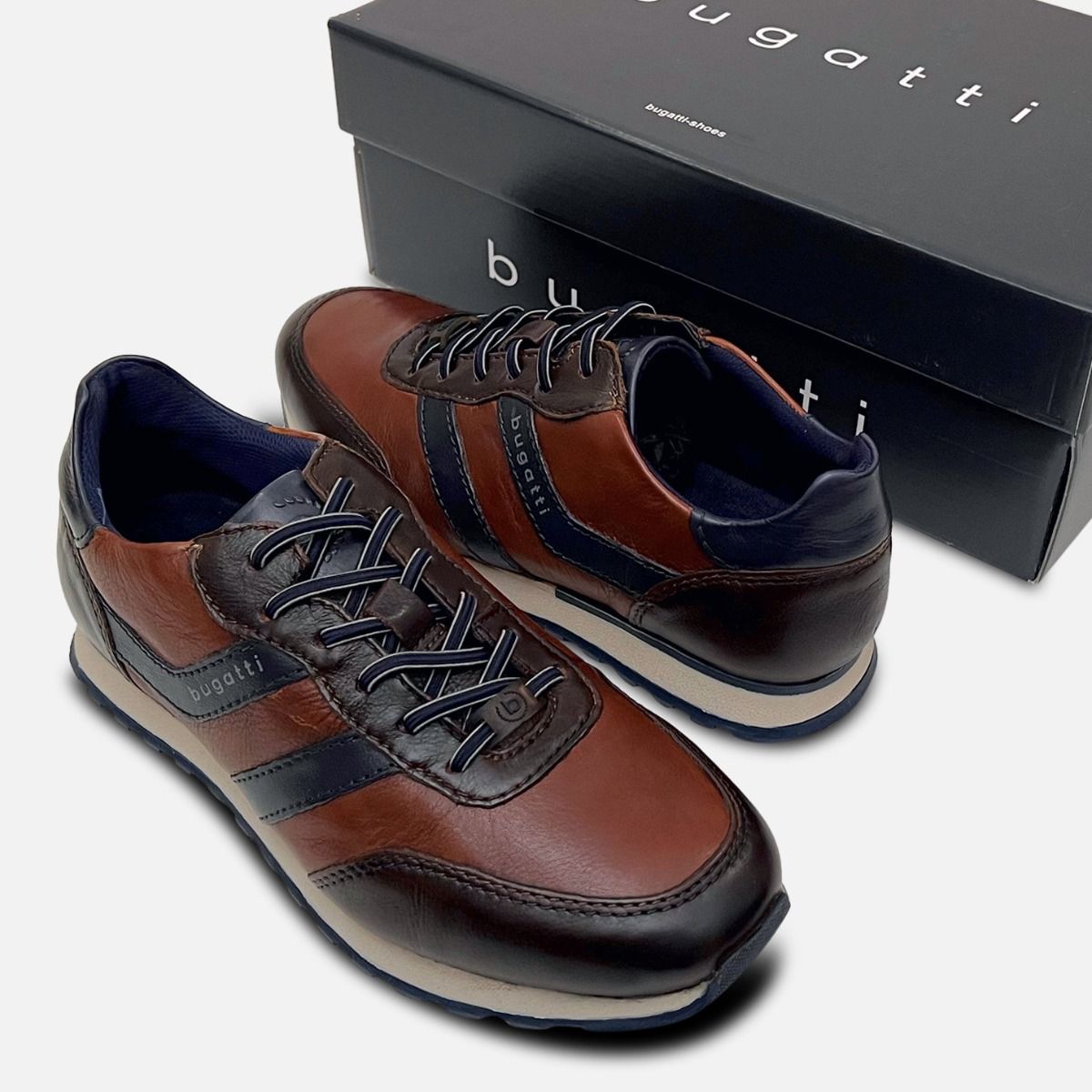 Bugatti Brown Leather Designer Training Shoes Blue Rubber Sole