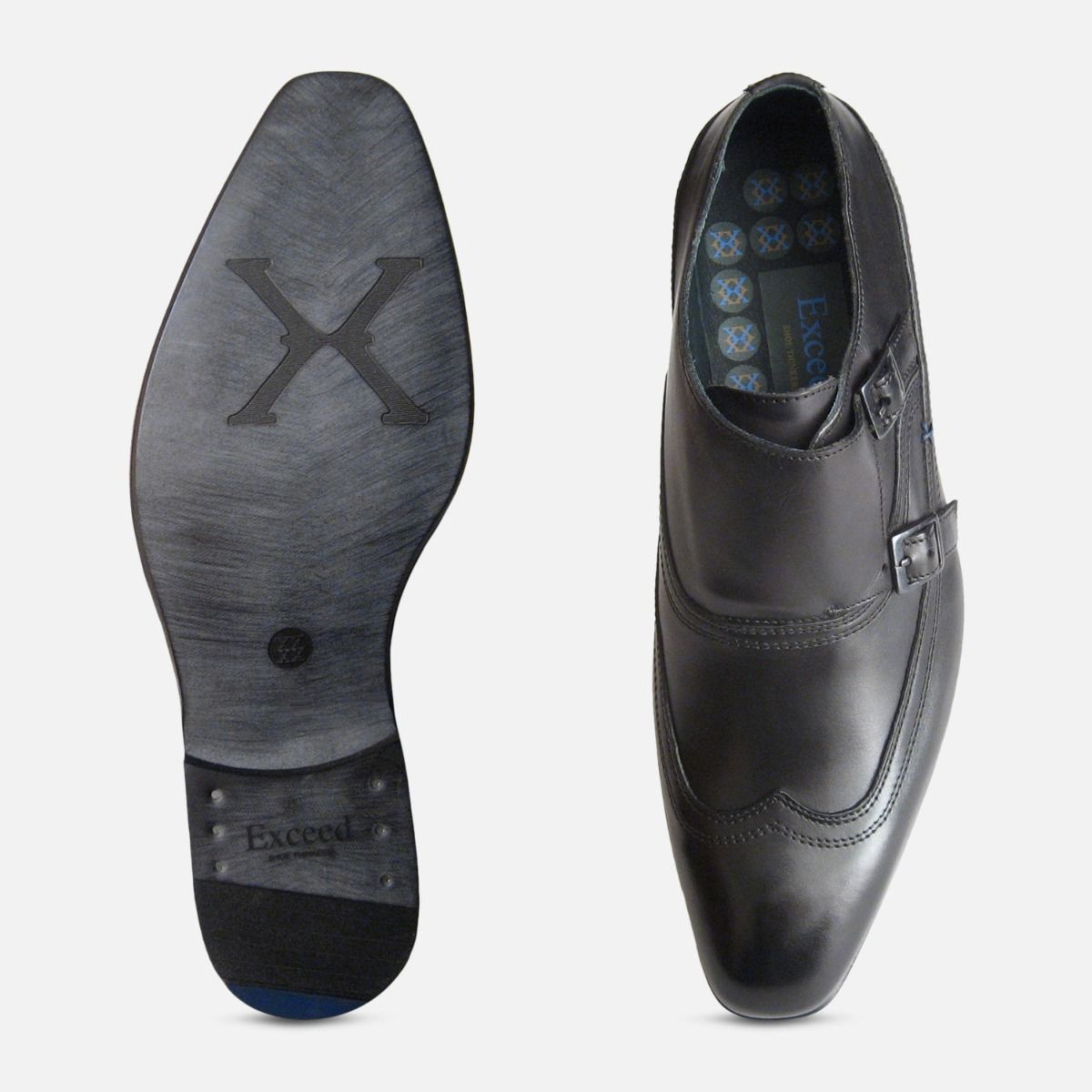 Designer Black Double Buckle Monk Shoes by Exceed