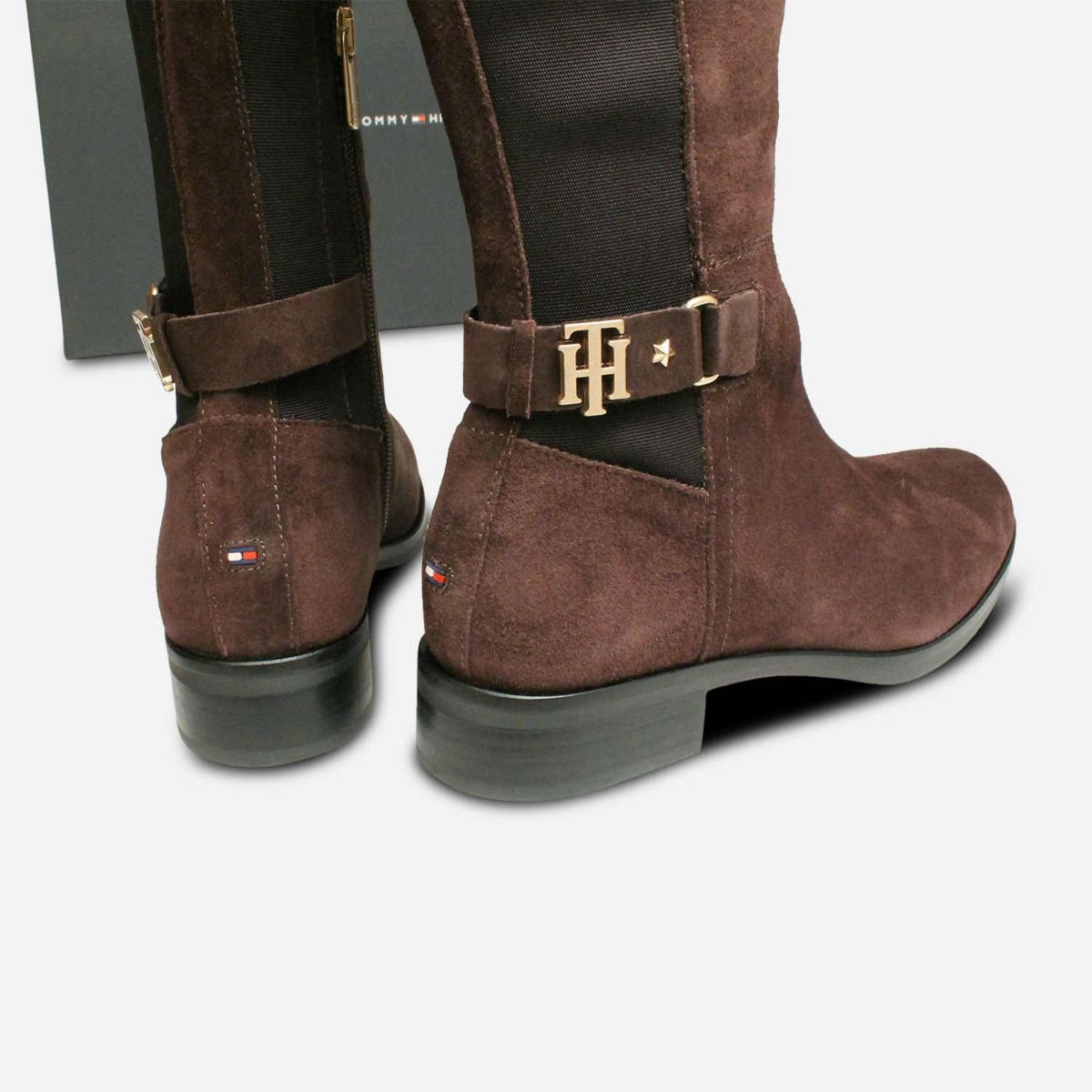 Tommy Hilfiger Buckle Stretch Boots in Brown Suede