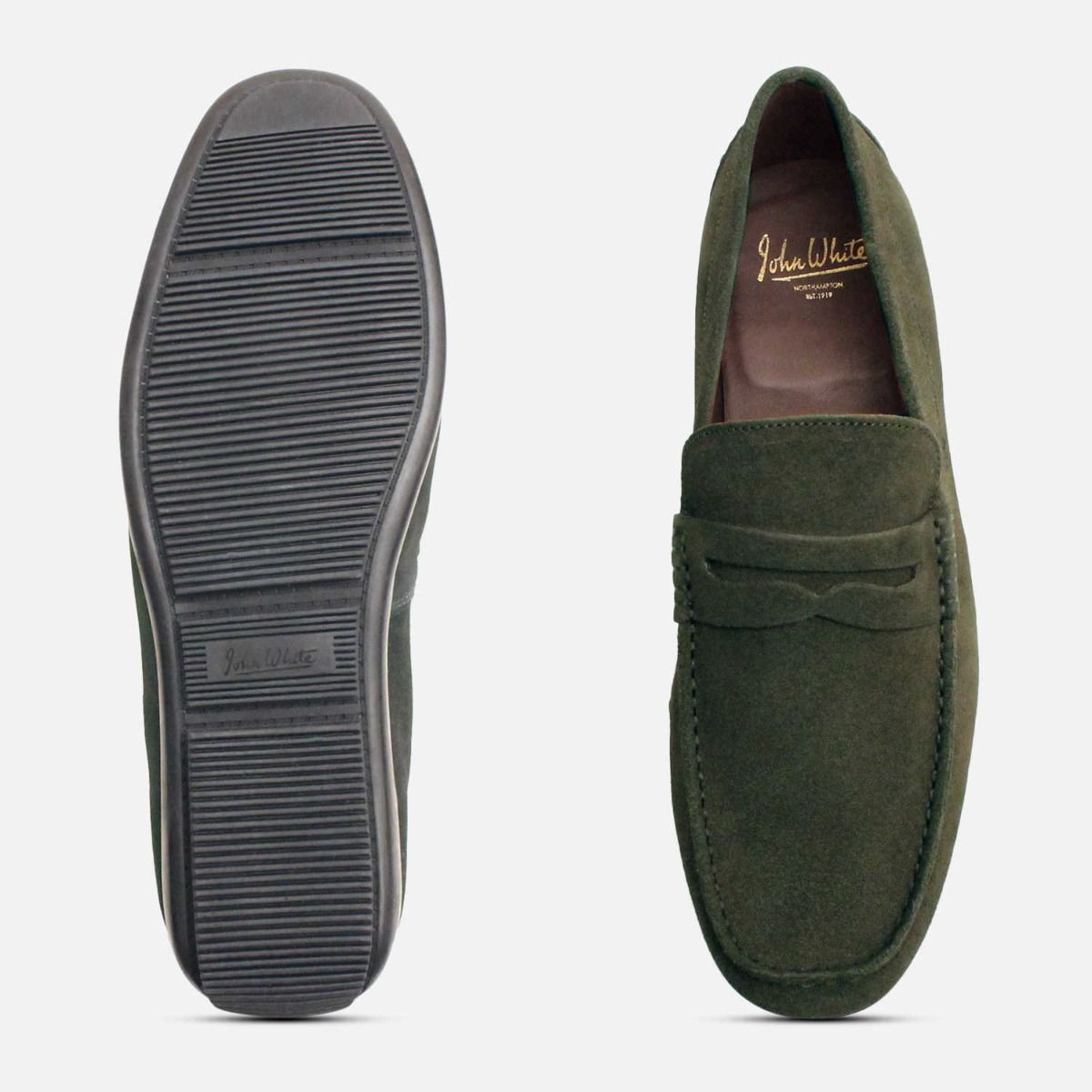 John White Green Suede Driving Shoe Penny Loafers