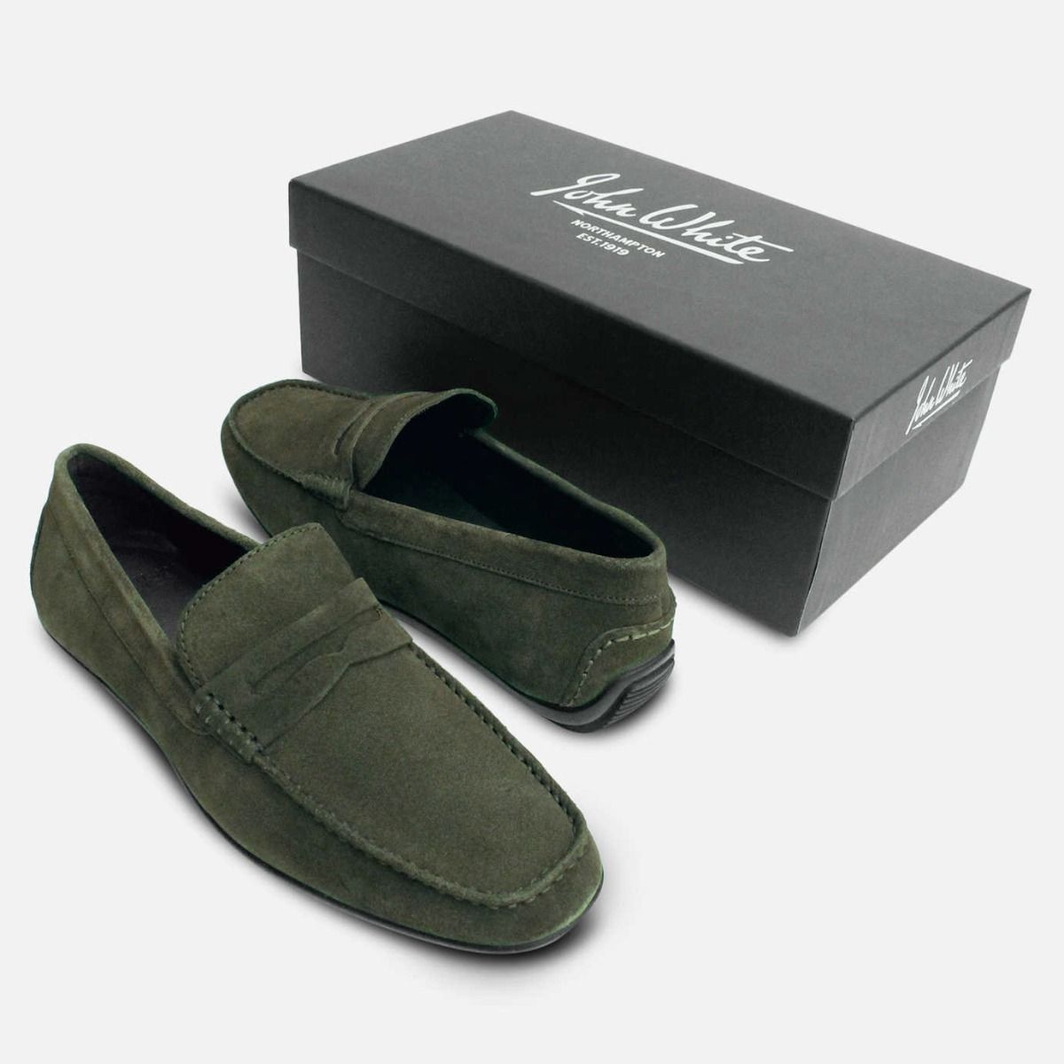 John White Green Suede Driving Shoe Penny Loafers