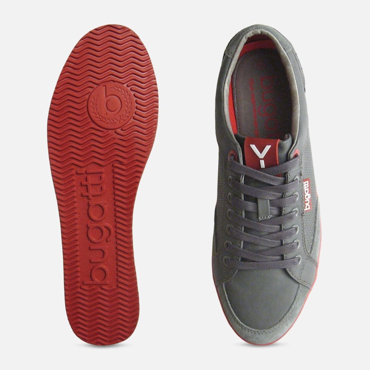 Grey & Red Leather Mens Designer Trainers by Bugatti Sneakers