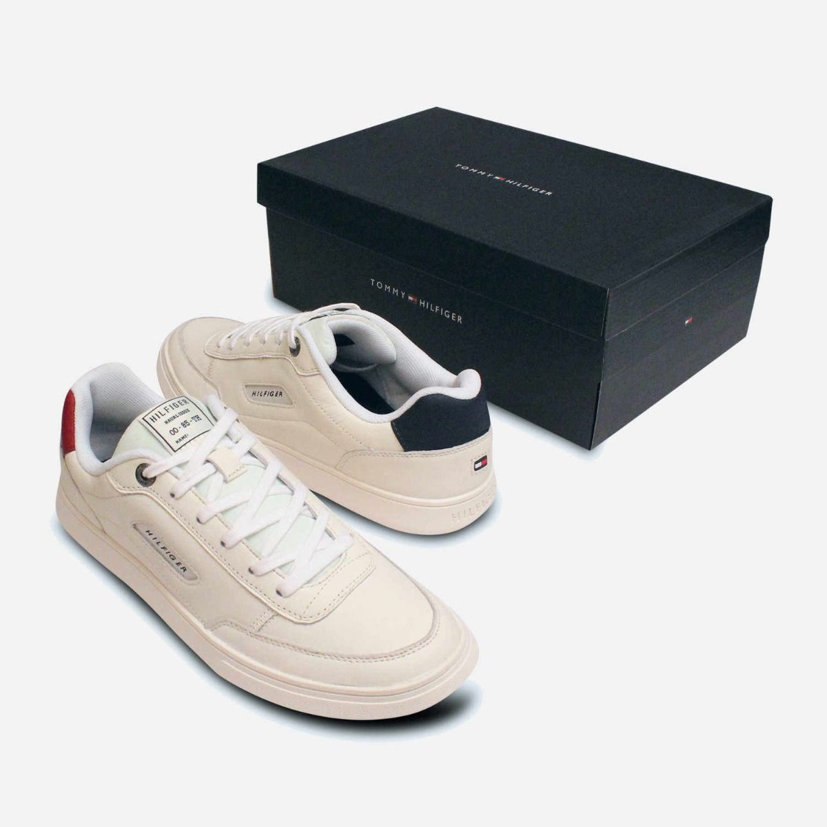 Tommy Hilfiger Retro Ivory Leather Designer Mens Sneakers