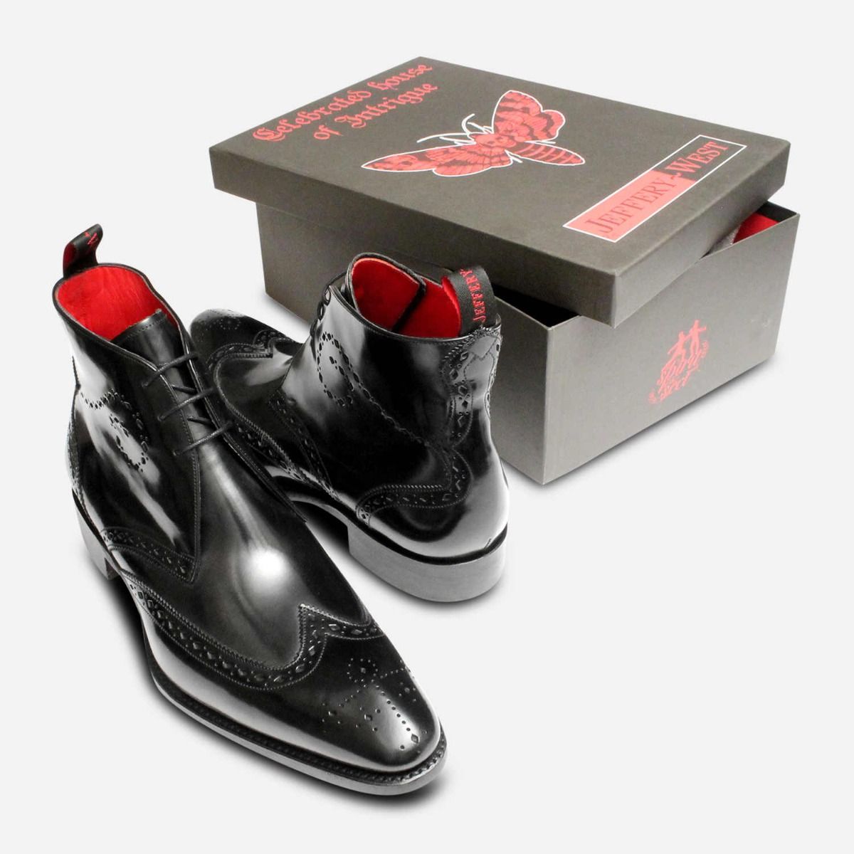 Jeffery West Black Polished Diamond Brogue George Boots