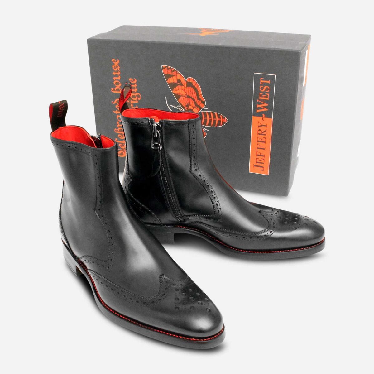 Premium Jeffery West Black Diamond Brogue Zip Boots
