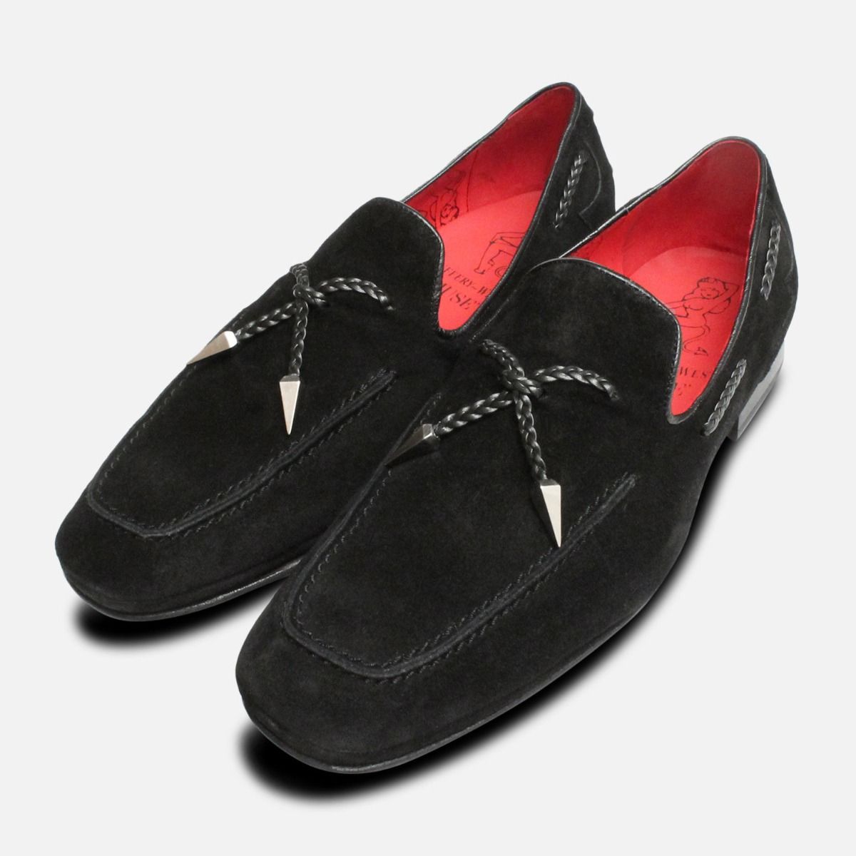 Jeffery West Black Suede Silver Tassel Loafer Shoes display picture 2