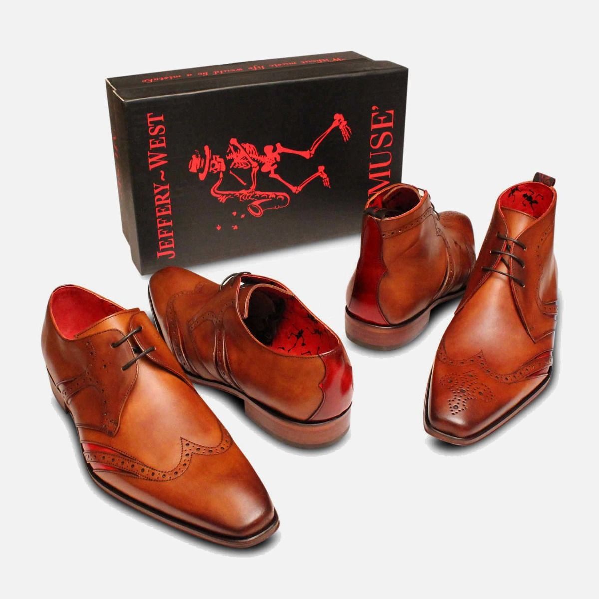 Jeffery West Tan & Red Leather Wingtip Designer Shoes