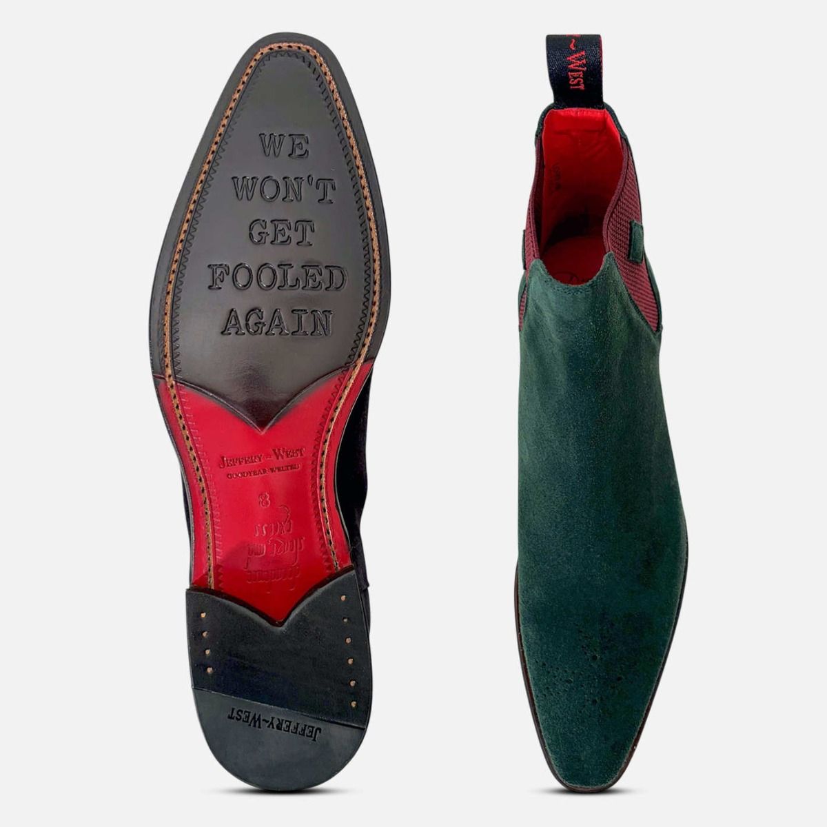 Jeffery West Emerald Green Suede Mens Chelsea Boot Brogues