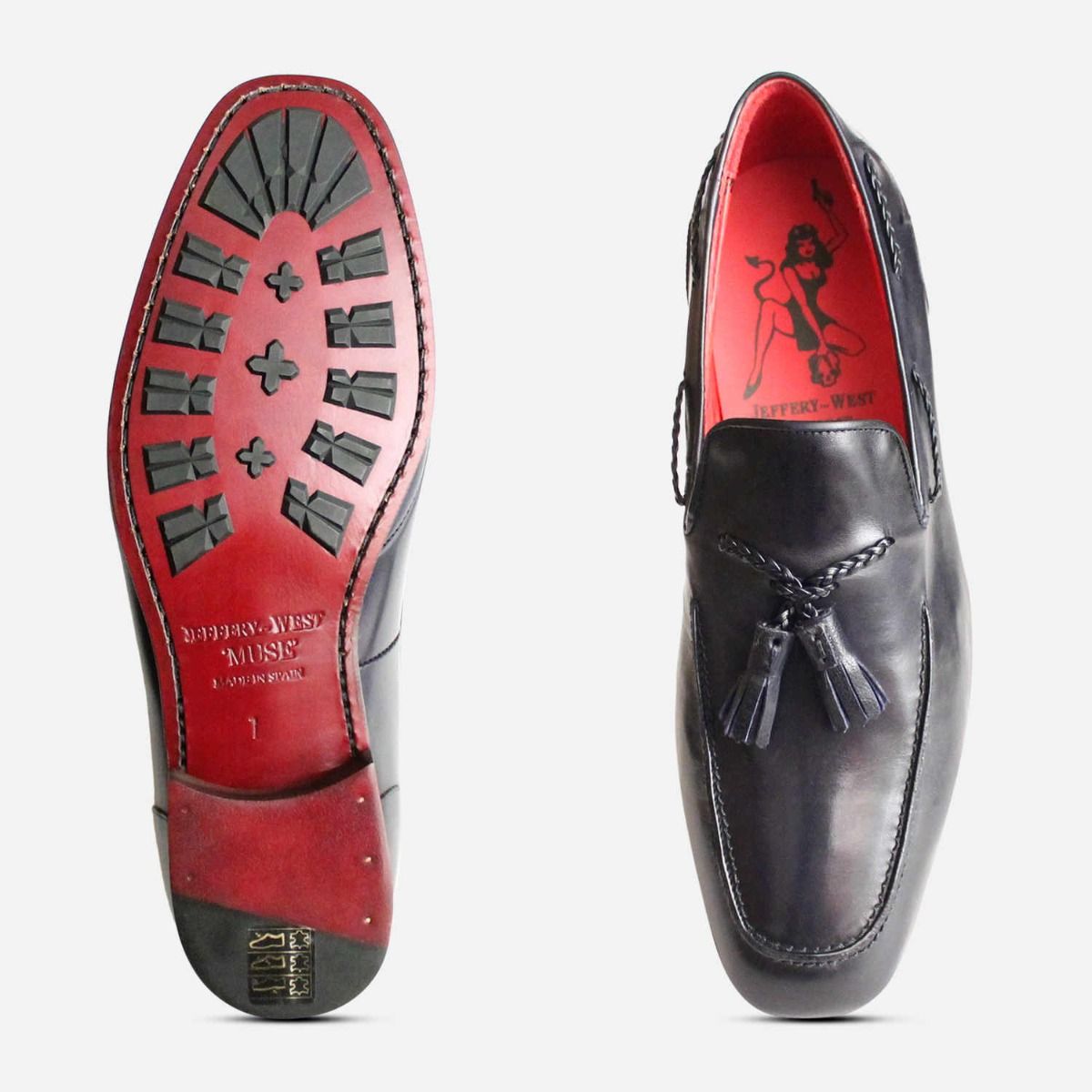 Dark Navy Jeffery West Slip On Tassel Loafers with Red Sole