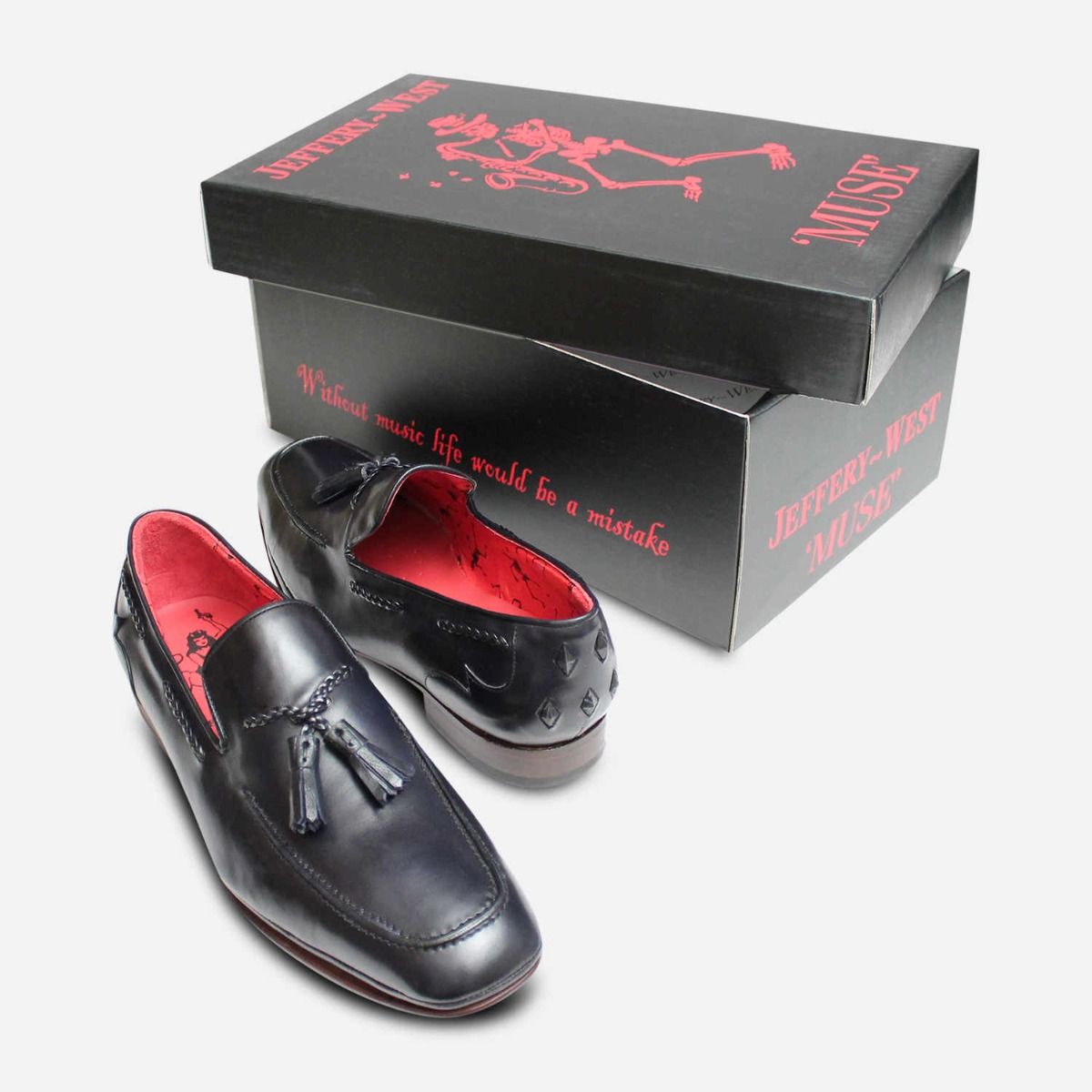 Dark Navy Jeffery West Slip On Tassel Loafers with Red Sole