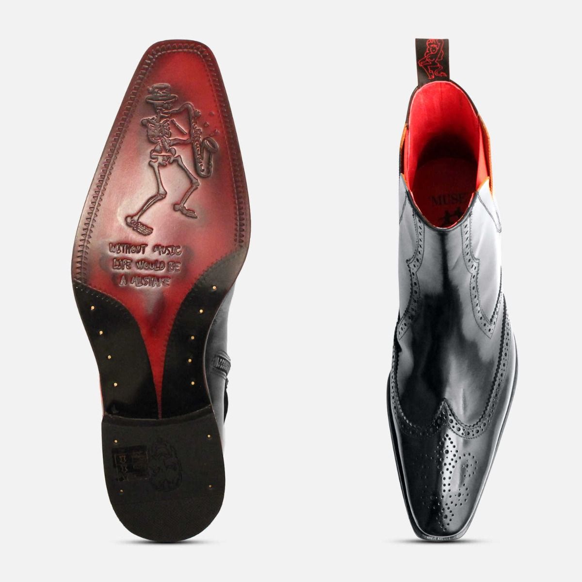 Jeffery West Black Polished Red Elastic Wingtip Chelsea Brogue