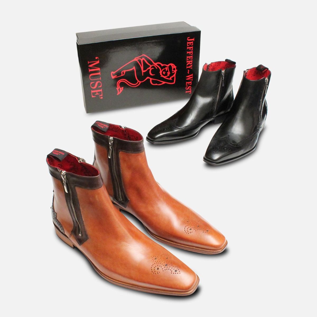 Jeffery West Black Silver Twin Zip Brogue Boots