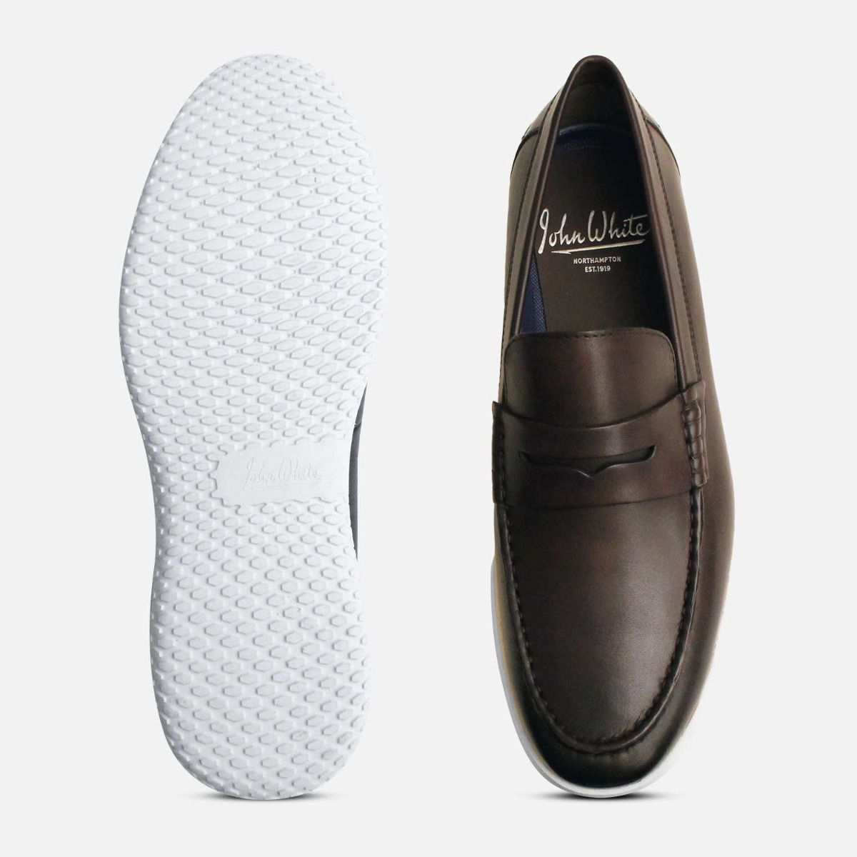 John White Brown Leather Penny Loafers with White Sole