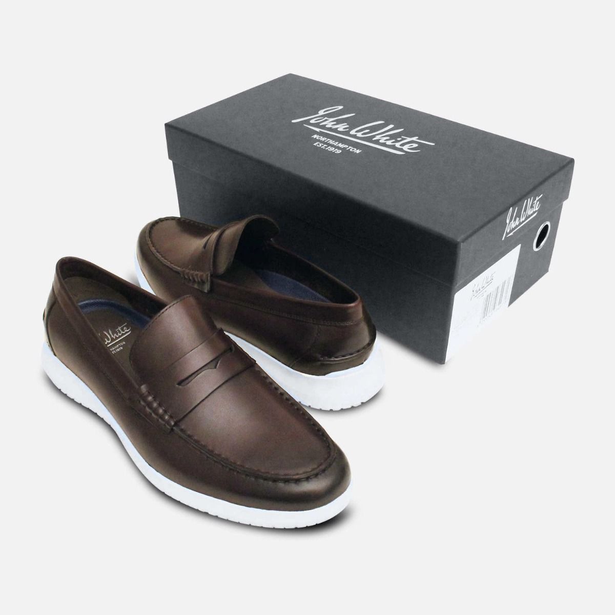 John White Brown Leather Penny Loafers with White Sole