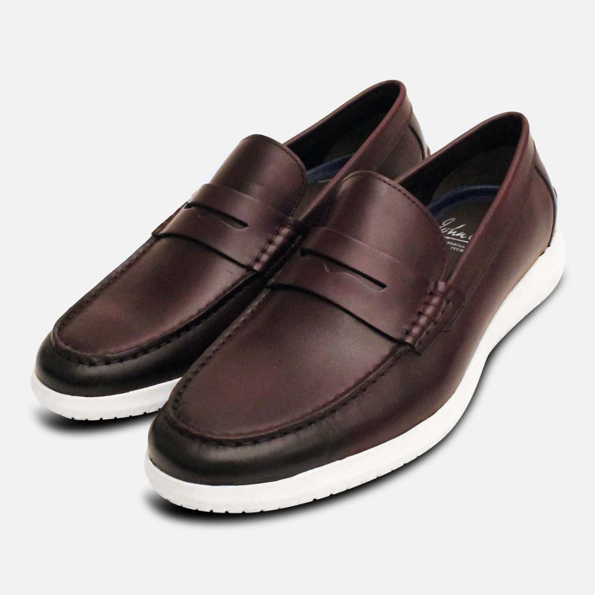 John White Burgundy Oxblood Leather White Sole Penny Loafers display picture 3