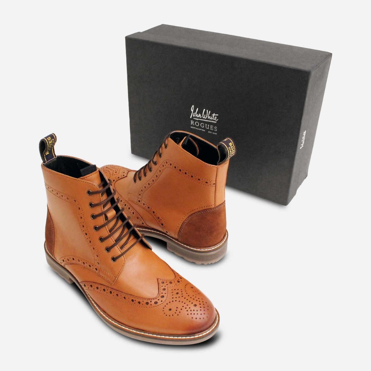 John White Country Brogue Boots in Tan Leather