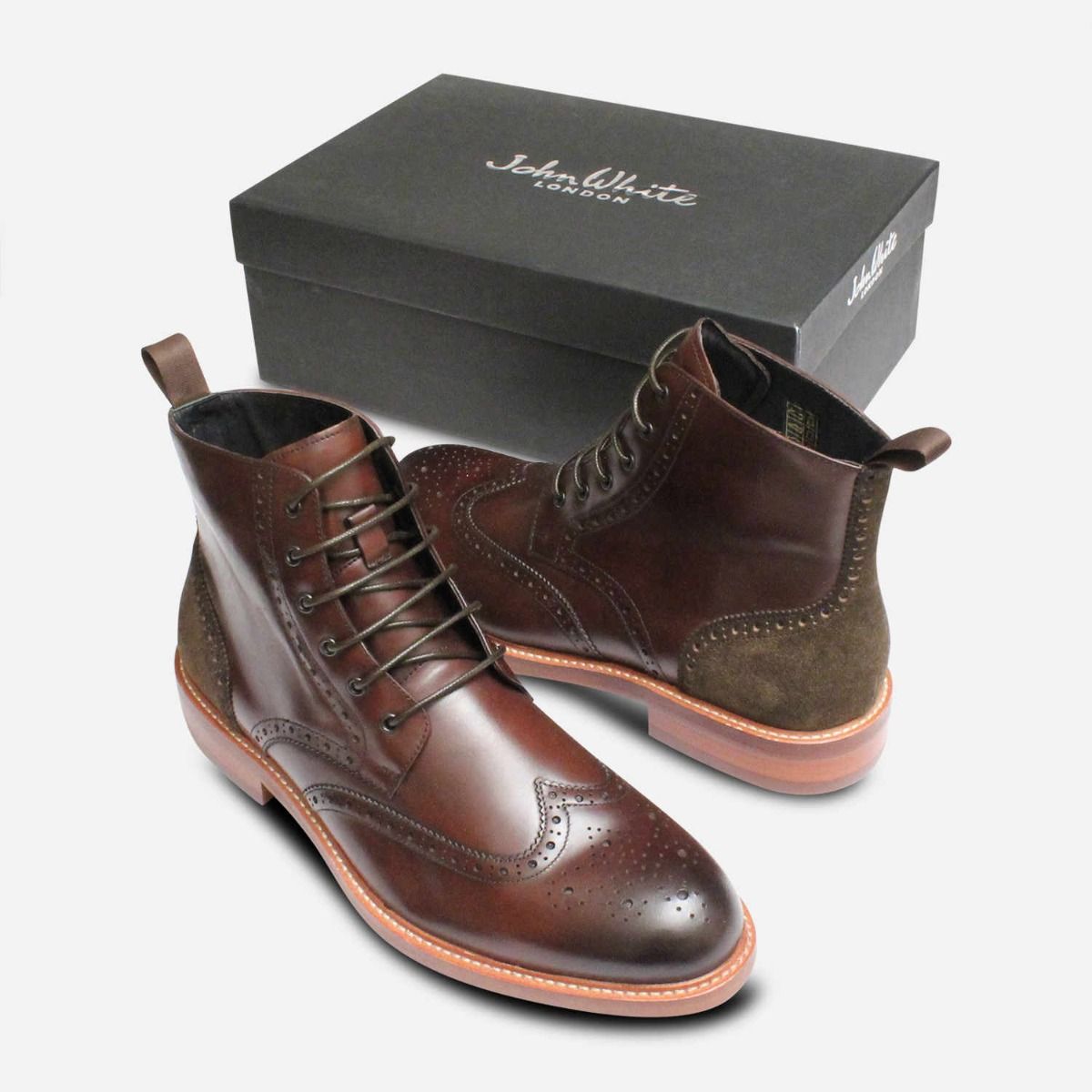 Premium John White Mens Country Brogue Boots in Brown