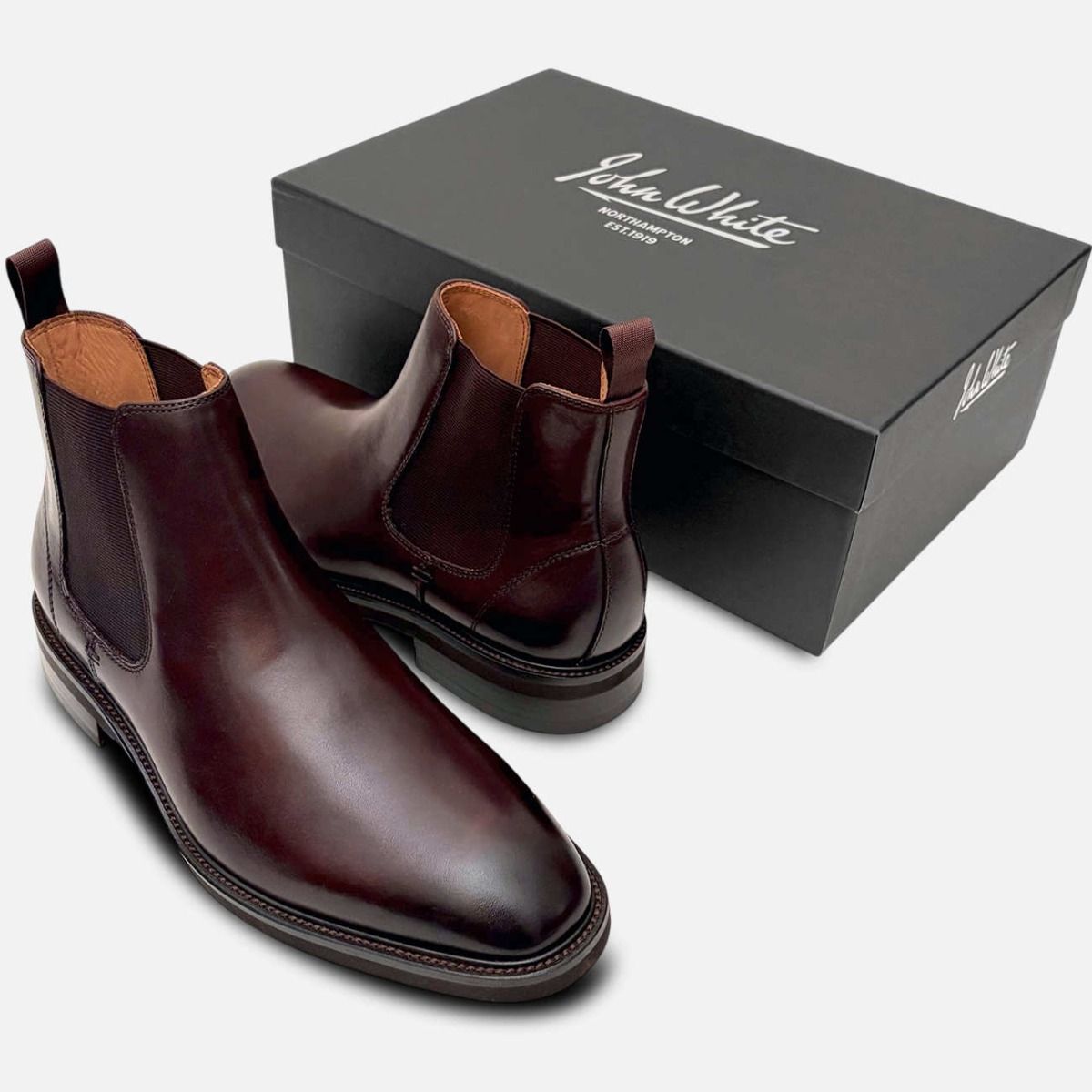 John White Premium Brown Polished Leather Chelsea Boots