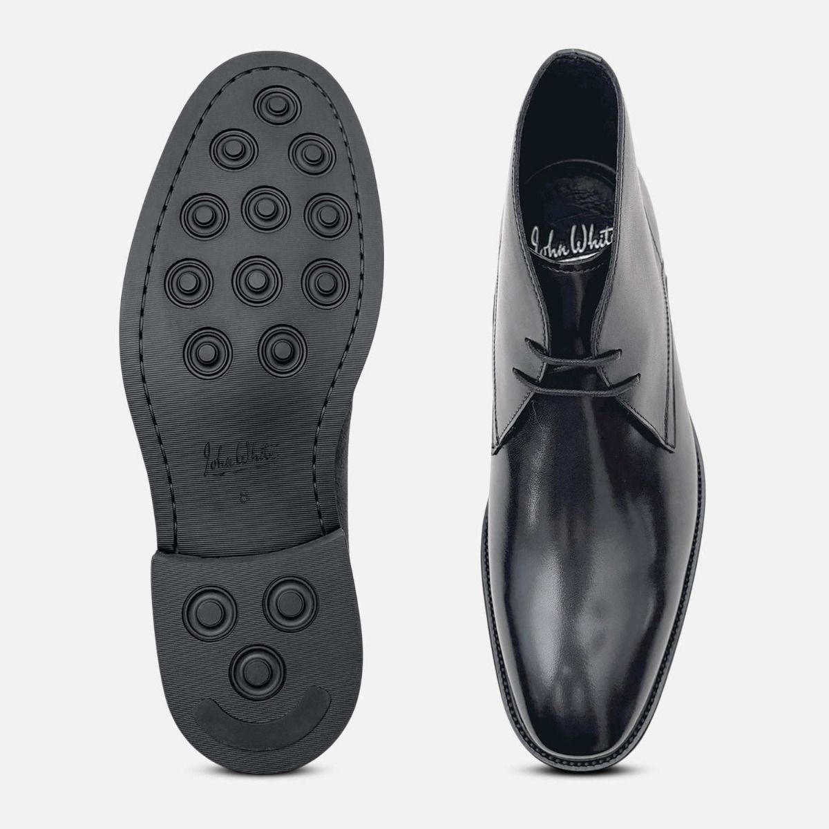 John White Premium Black Polished Rubber Sole Chukka Boots