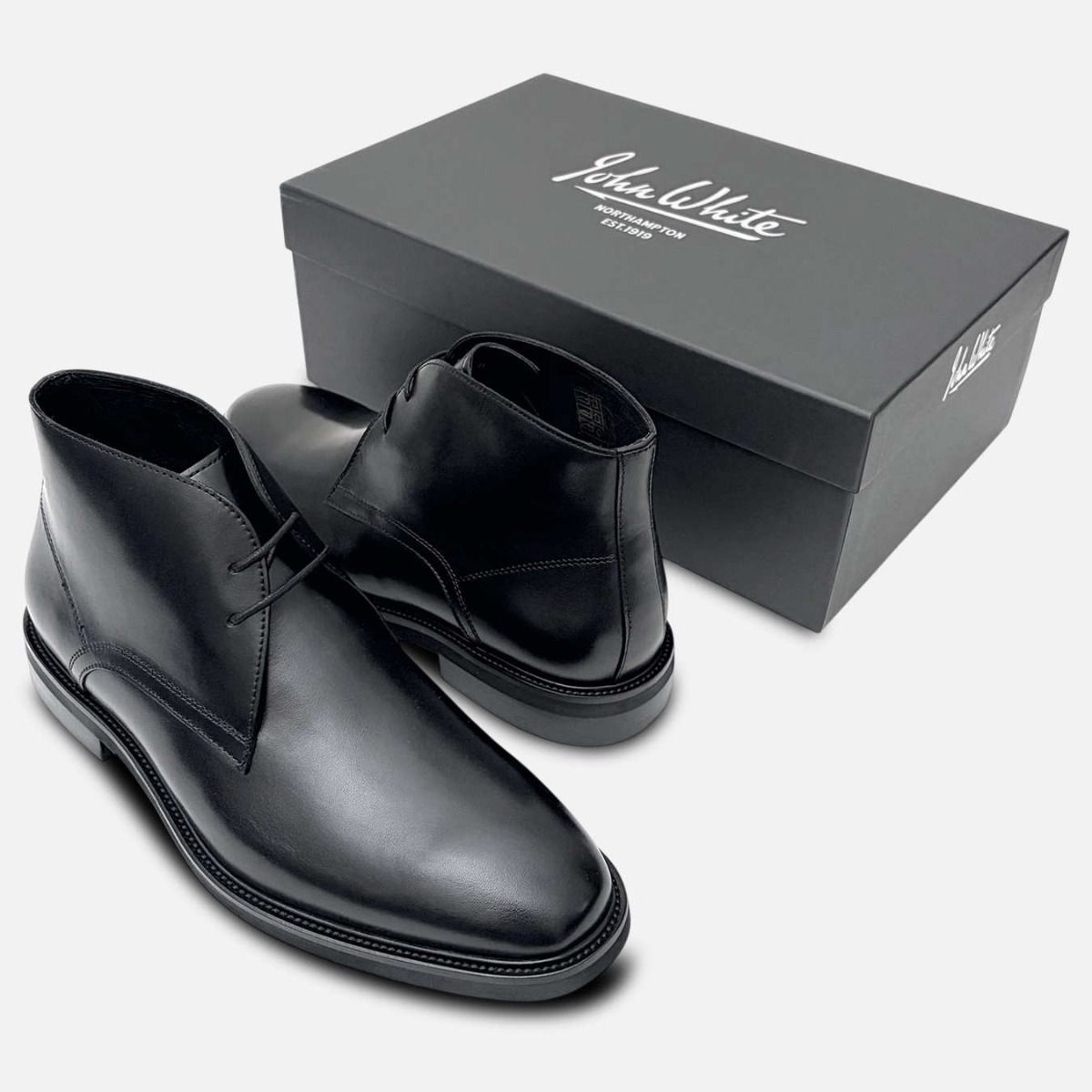 John White Premium Black Polished Rubber Sole Chukka Boots