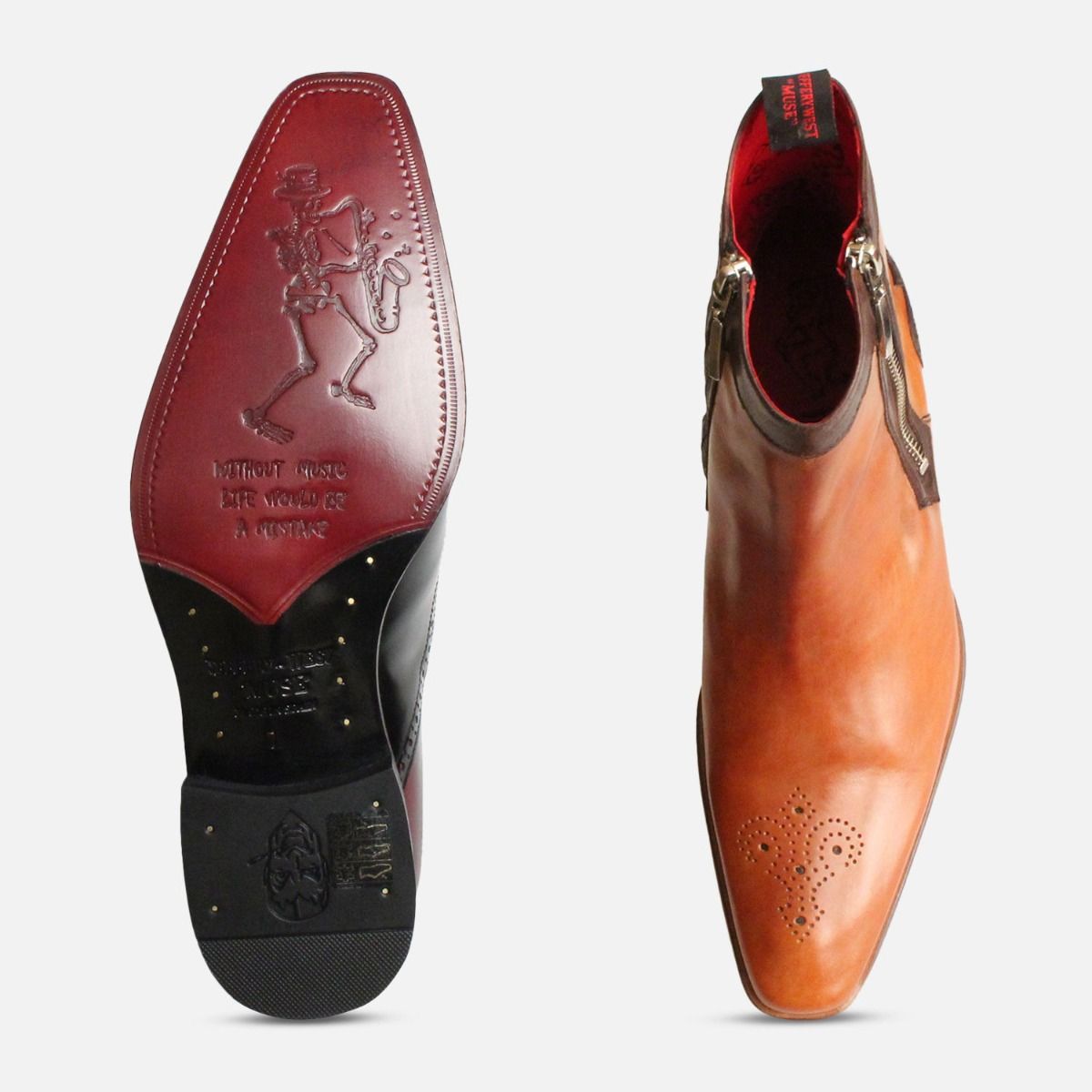 Jeffery West Twin Zip Tan Brogue Leather Soled Boots