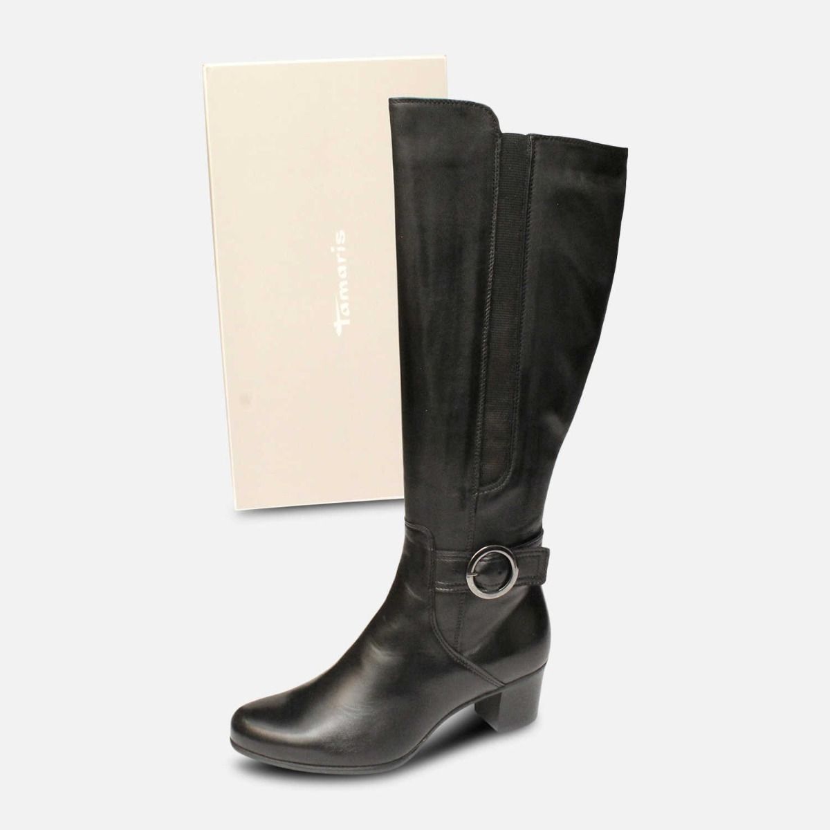 Tamaris Black Leather Knee High Boots with Heel