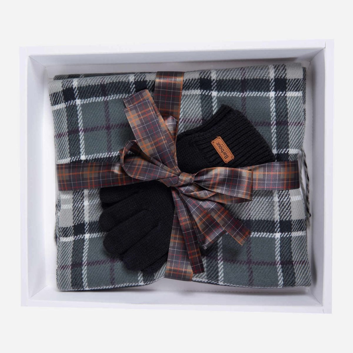Ladies Barbour Black & Grey Tartan Scarf & Glove Set